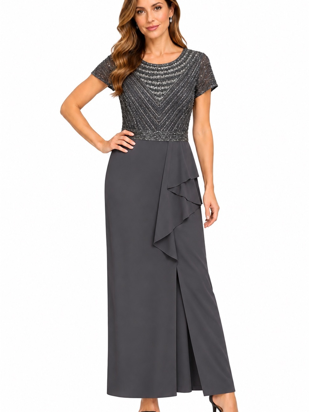 Adrianna Papell Charcoal Beaded Short-Sleeve Maxi Gown